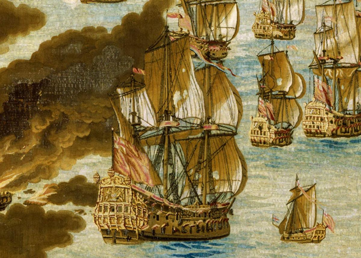 A close up of the historic Solebay tapestry by Willem Van de Velde, showing part of a naval fleet with smoke billowing in from the left hand side of the picture