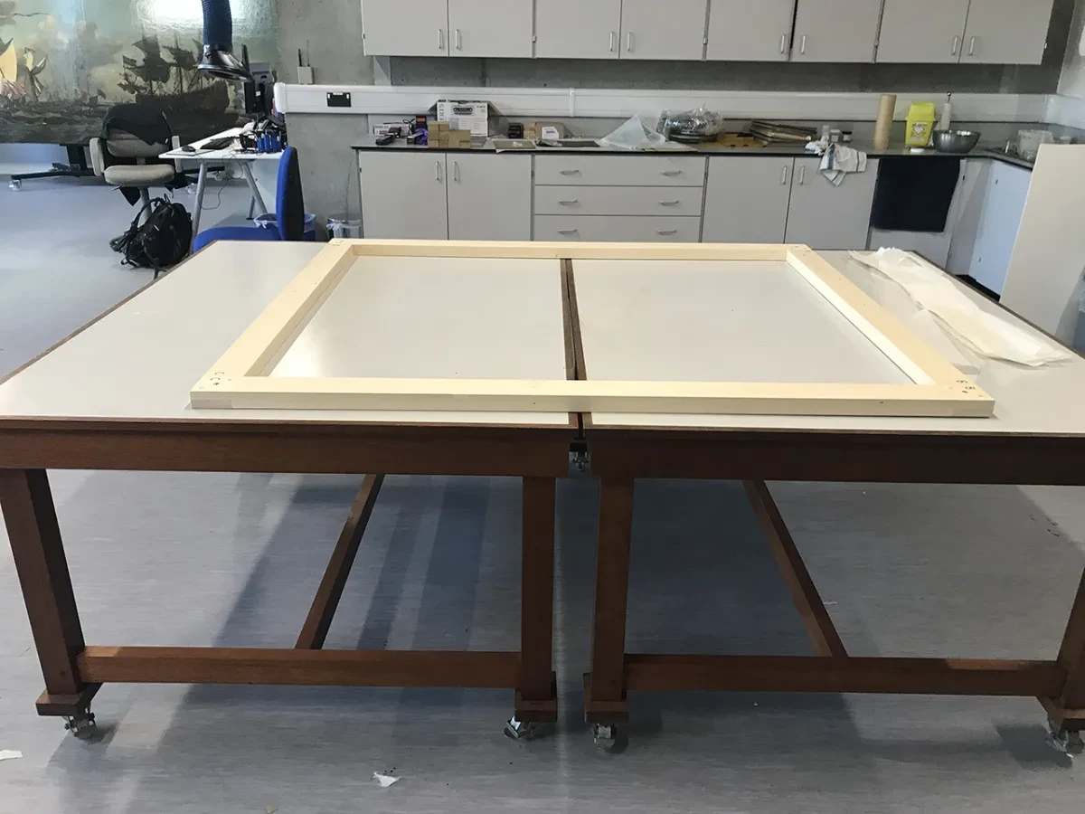 A wooden frame prepared as part of a painting conservation project