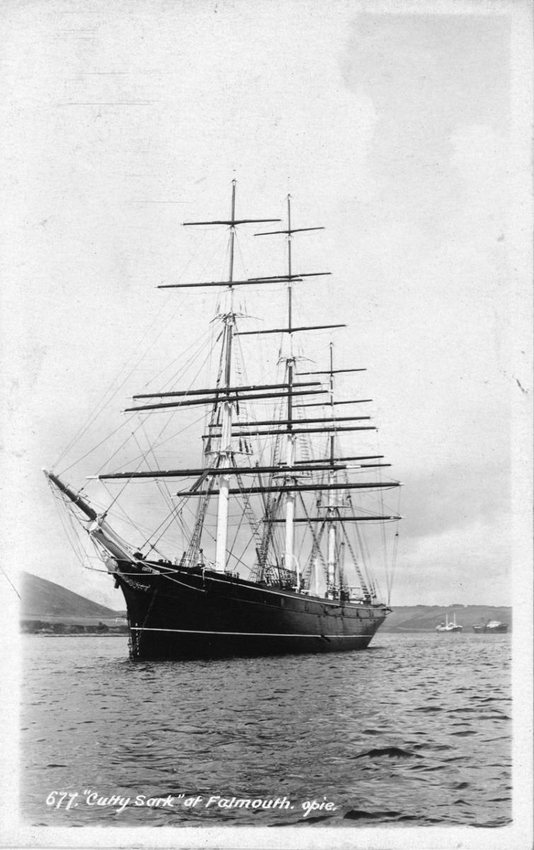 Black and white photograph of Cutty Sark in Falmouth
