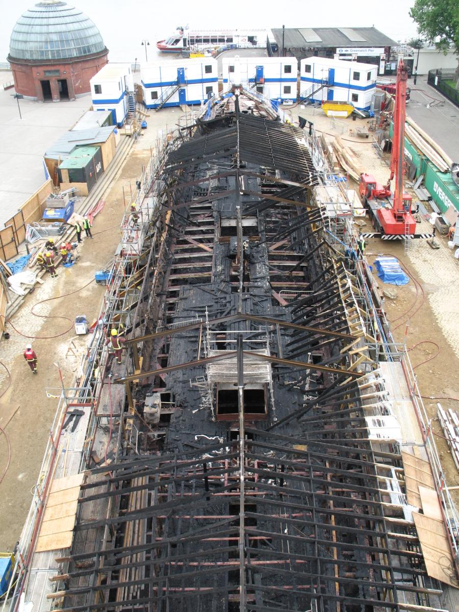 Burnt out hull of Cutty Sark