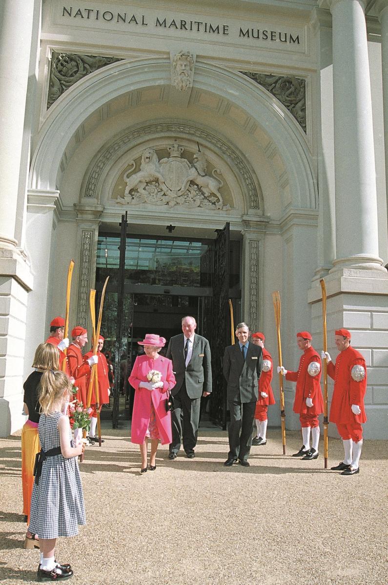 Queen Elizabeth II outside the front of the National Maritime Museum during the formal opening of Neptune Court in 2000