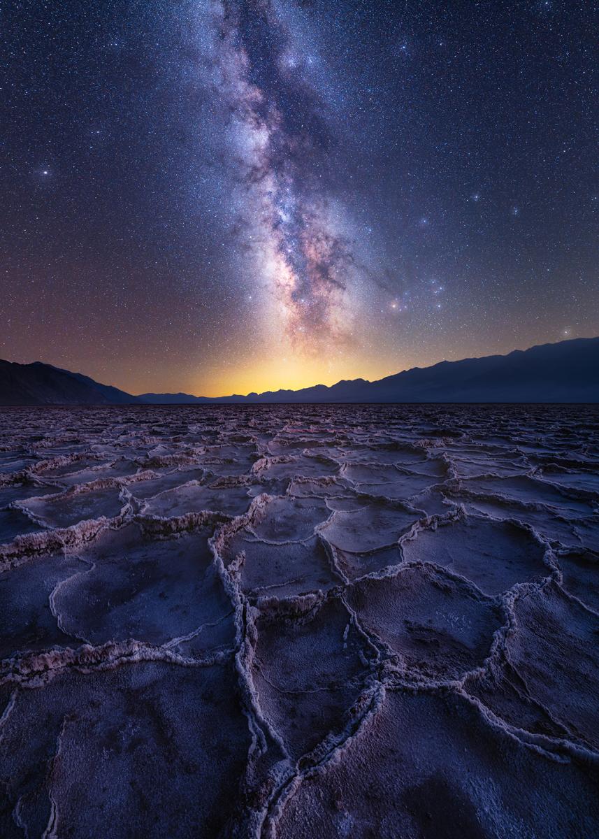 Salt flats at Badwater Basin, Death Valley, with Milky Way in sky