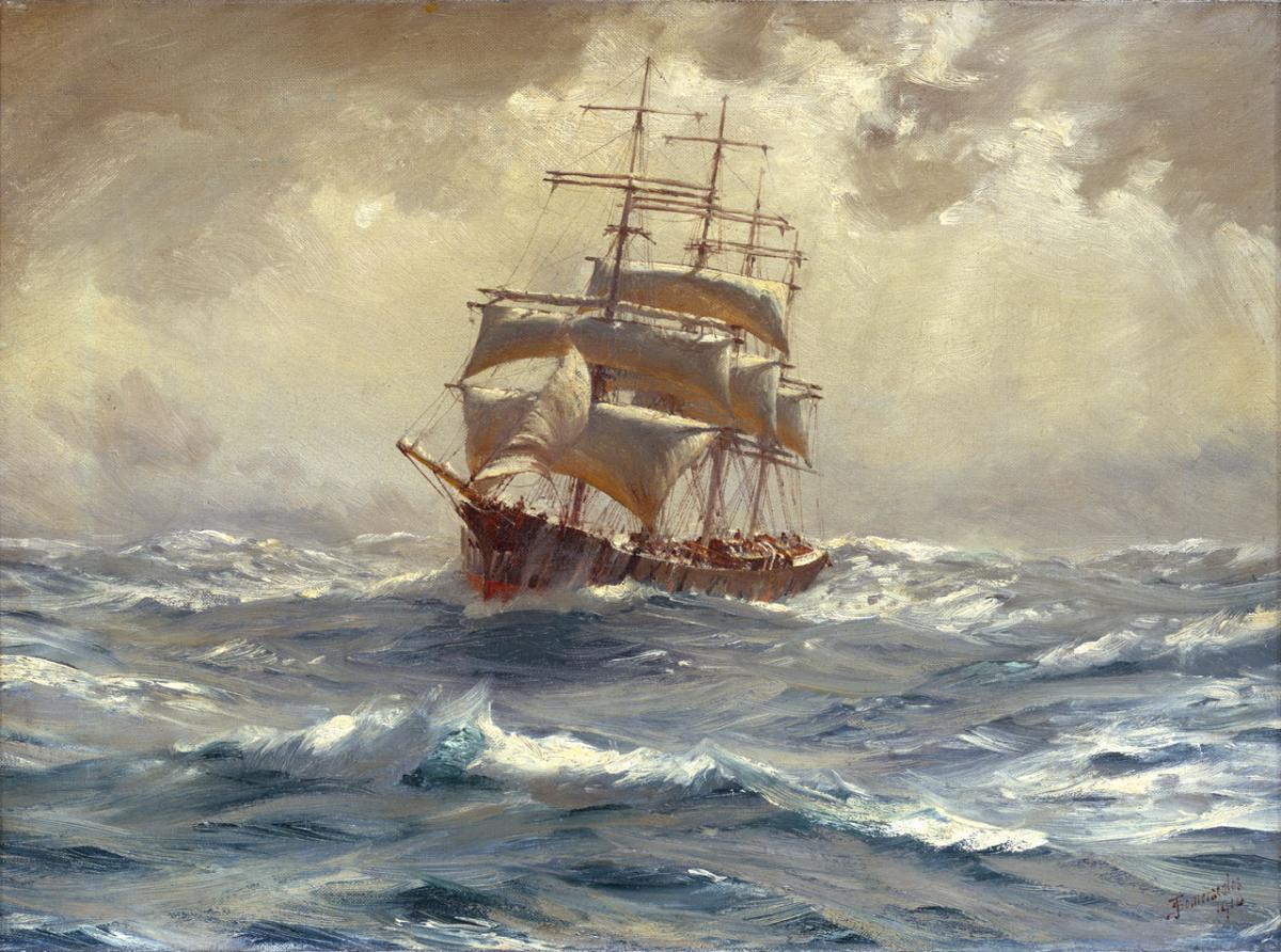 An oil painting of a sailing ship running before a gail