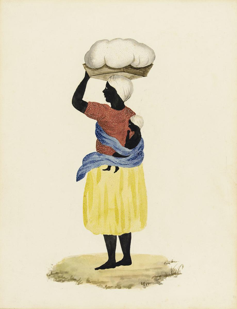 An illustration showing a black woman with a child on her back and holding a basket containing what looks like laundry on her head