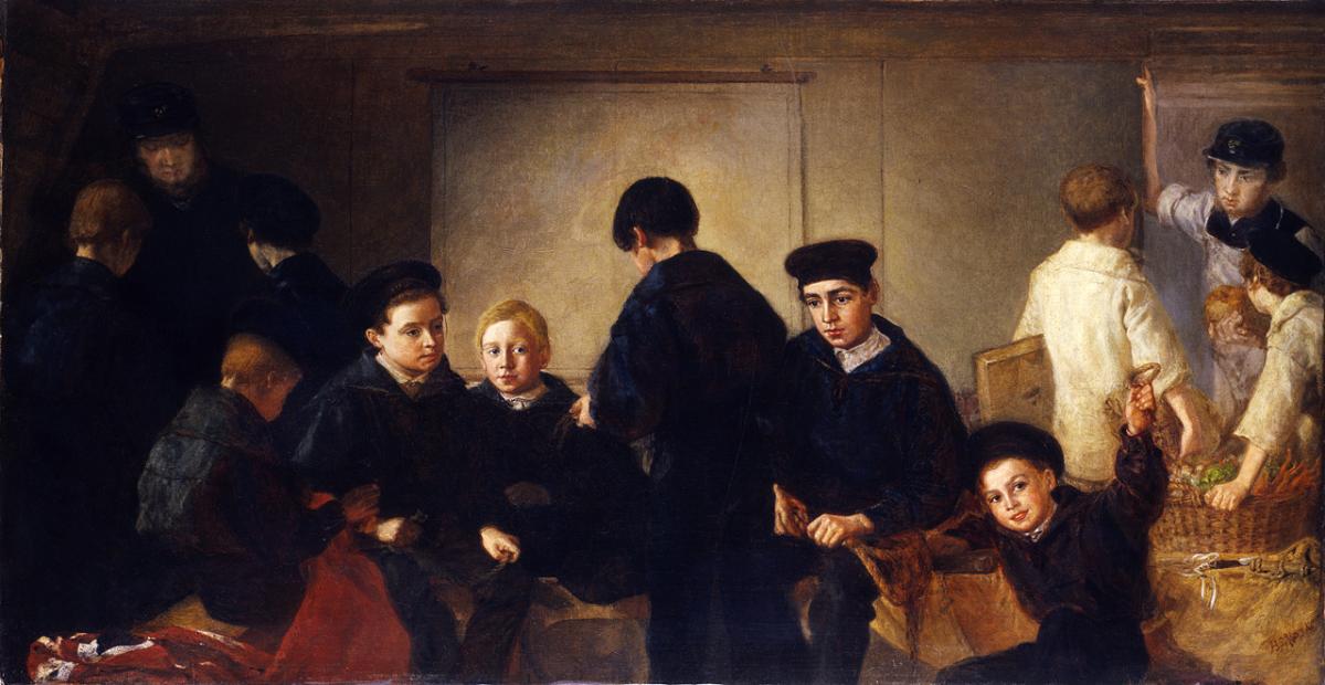 An oil painting showing young boys in sailor uniform on board a naval training ship
