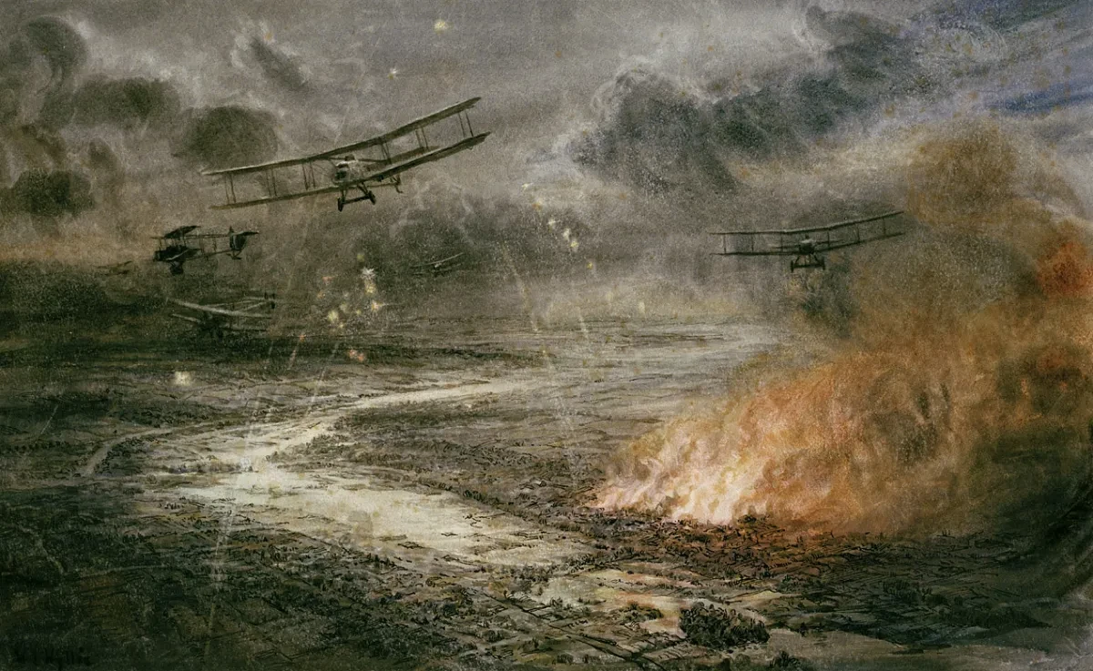 A drawing depicting the night time bombing of German trenches by aircraft during the First World War