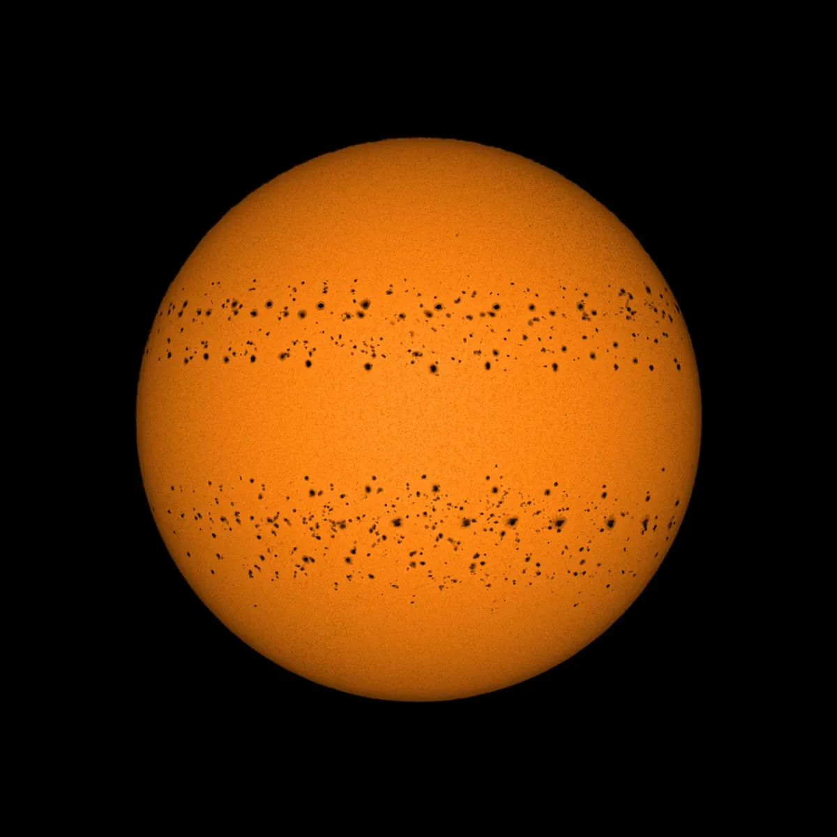 Image of the Sun made up of 365 images of the Sun, recording a sunspot moving across it