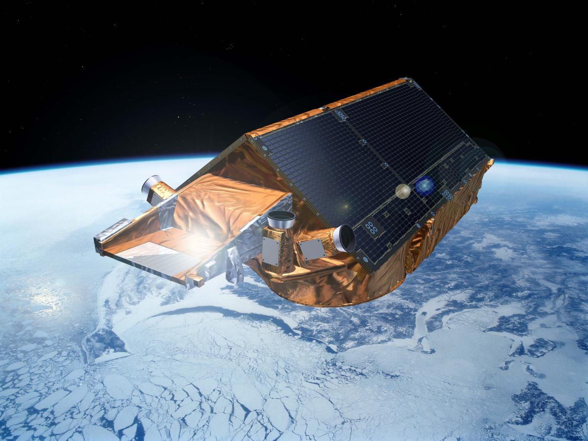 An artist's impression of CryoSat, a European Space Agency satellite which is able to measure the changing thickness of the polar ice sheets and floating sea ice 
