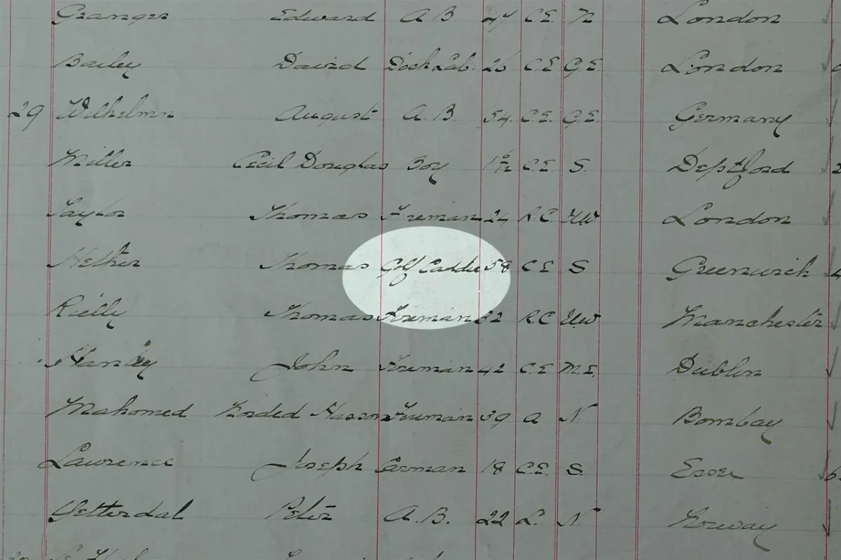 A page of historic hospital admissions records ordered into columns. An entry in the centre has been highlighted to show the admission of a 'golf caddie' to the hospital 