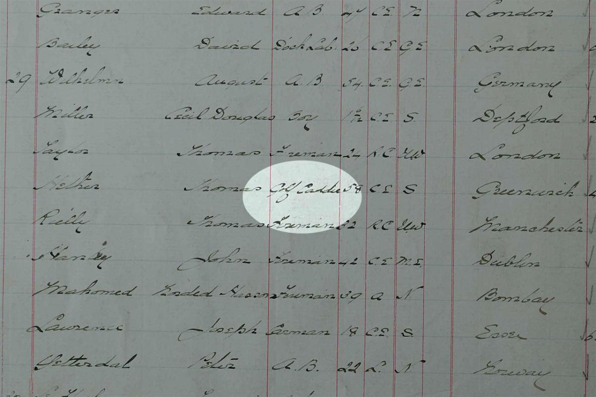 A page of historic hospital admissions records ordered into columns. An entry in the centre has been highlighted to show the admission of a 'golf caddie' to the hospital 