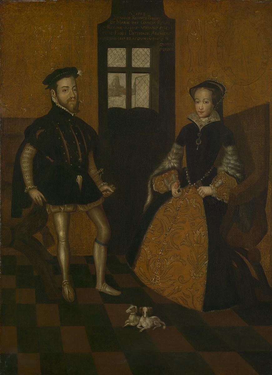 Philip II of Spain and Mary I of England sit in front of an open window with two dogs at their feet