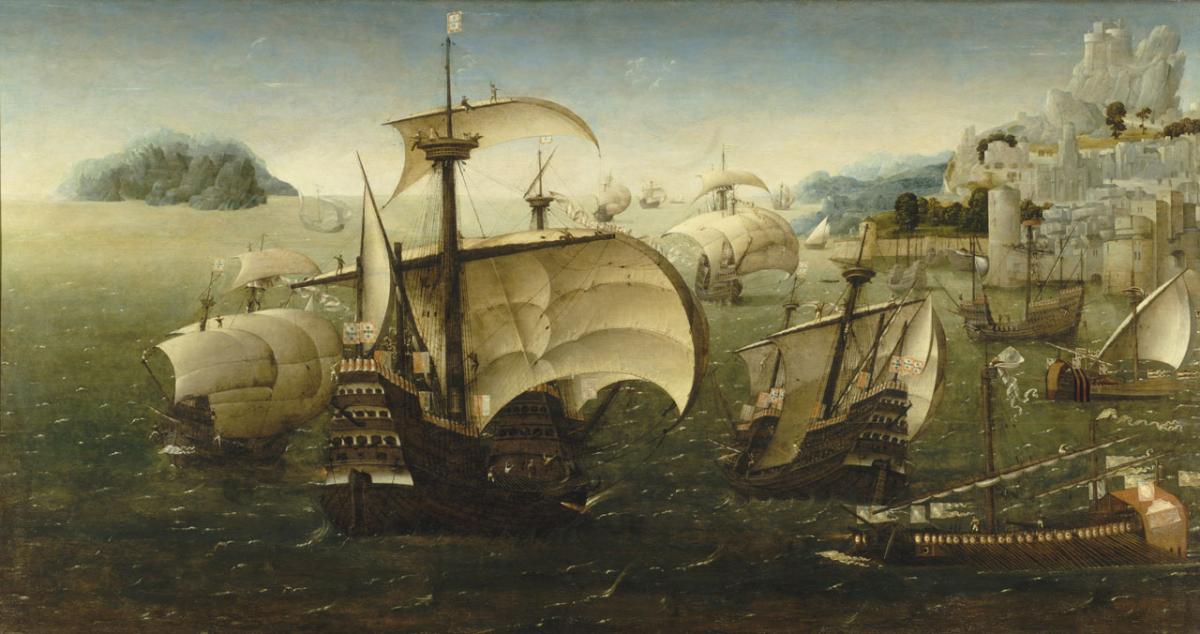Painting of ships off a rocky coastline