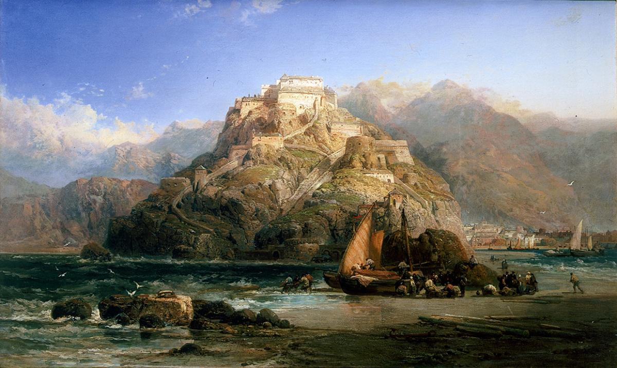 Painting of a hill with a fort surrounded by sea