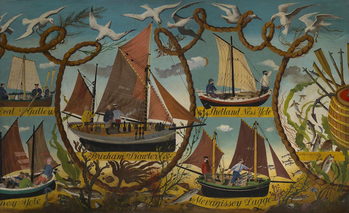Mural depicting ships separated by a decorative device of ropes held aloft by seagulls