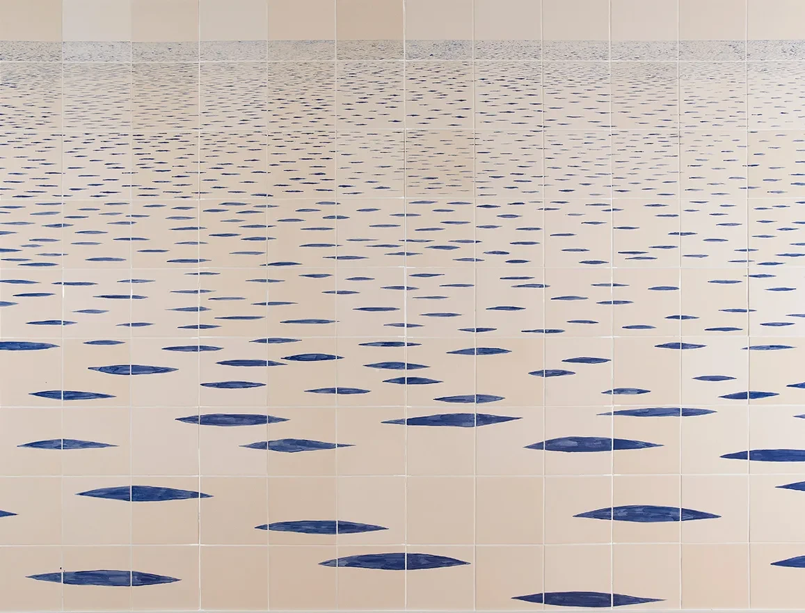 Kovats' painted ceramic tiles with blue marks.