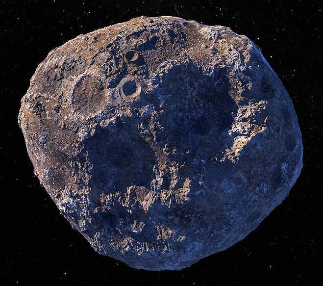 Close up computer rendering of round metallic asteroid in space