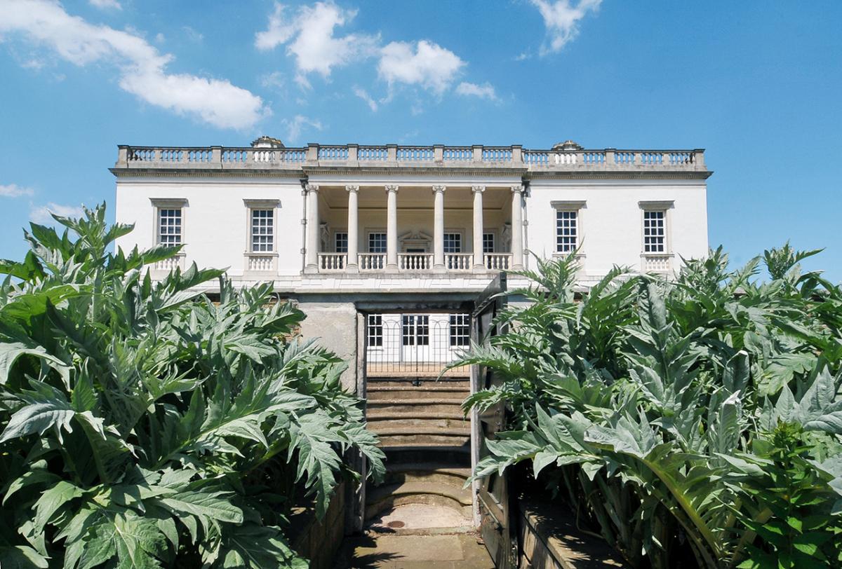 A view of the Queen's House from Greenwich Park under a bright blue sky. The House's bright white walls are thrown into sharp relief thanks to the shadows cast from the balcony colonnades. Green foliage frames the building in the foreground