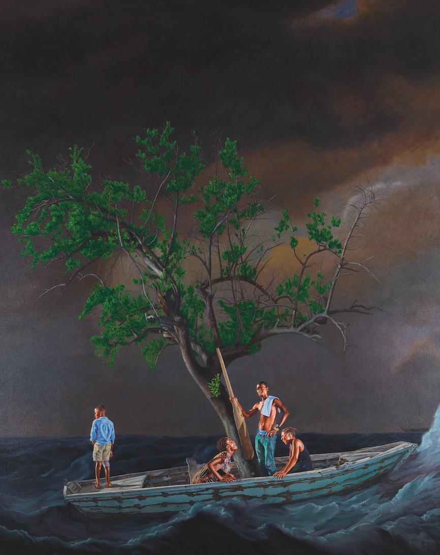 A painting of three people in a boat at sea