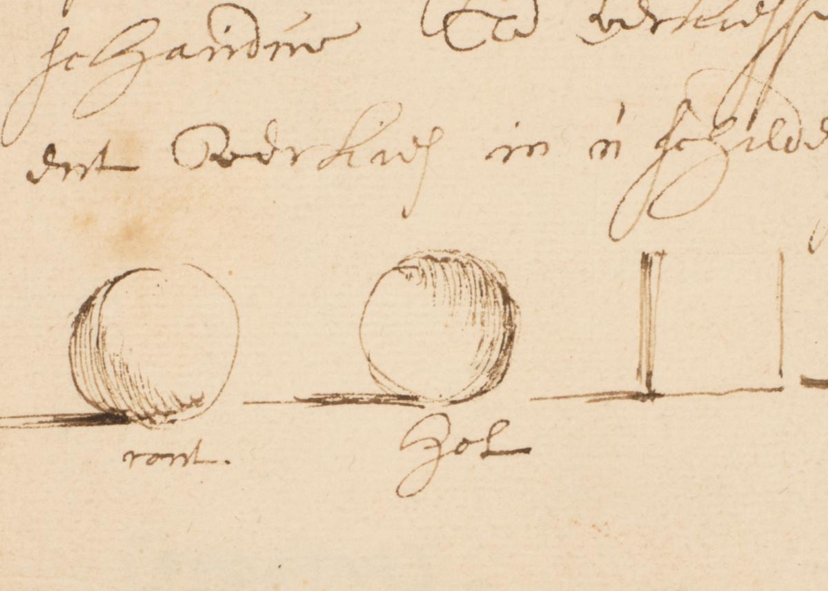 A rough drawing illustrating how shadow falls on a round object. Across the top is a hard to decipher note in flowing handwriting, and the bottom half of the drawing contains two balls with cross-hatching to indicate areas of shadow