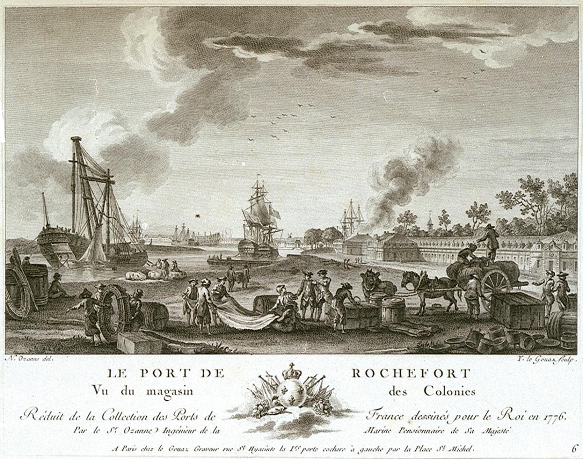 Illustration of ships in a port in black and white, with text at the bottom which reads 'Le Port de Rochefort'