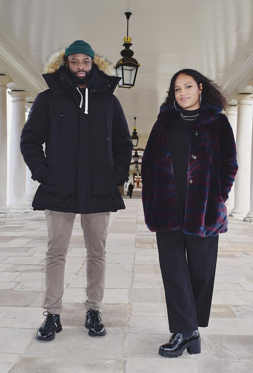Portrait photograph of The Collective Makers co-founders Lison Sabrina Musset and Joseph Ijoyemi. Joseph is wearing a dark puffer jacket and hat, and Lison a dark purple and red cardigan