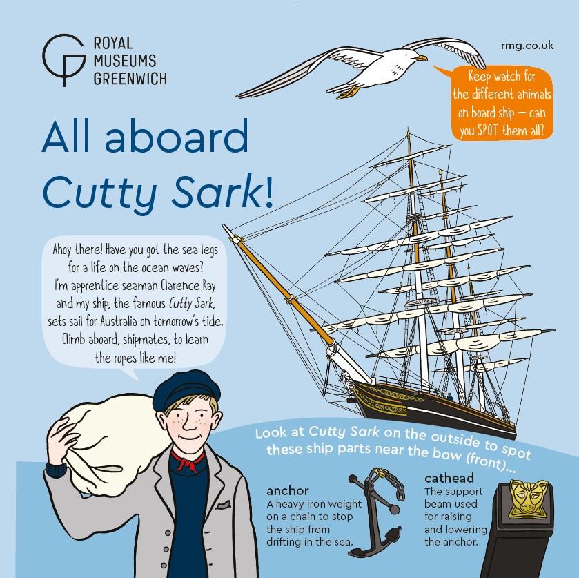 The front page of the trail shows a young person holding a sack, with the cutty sark behind. There's a seagull above and some maritime objects at the bottom of the page.