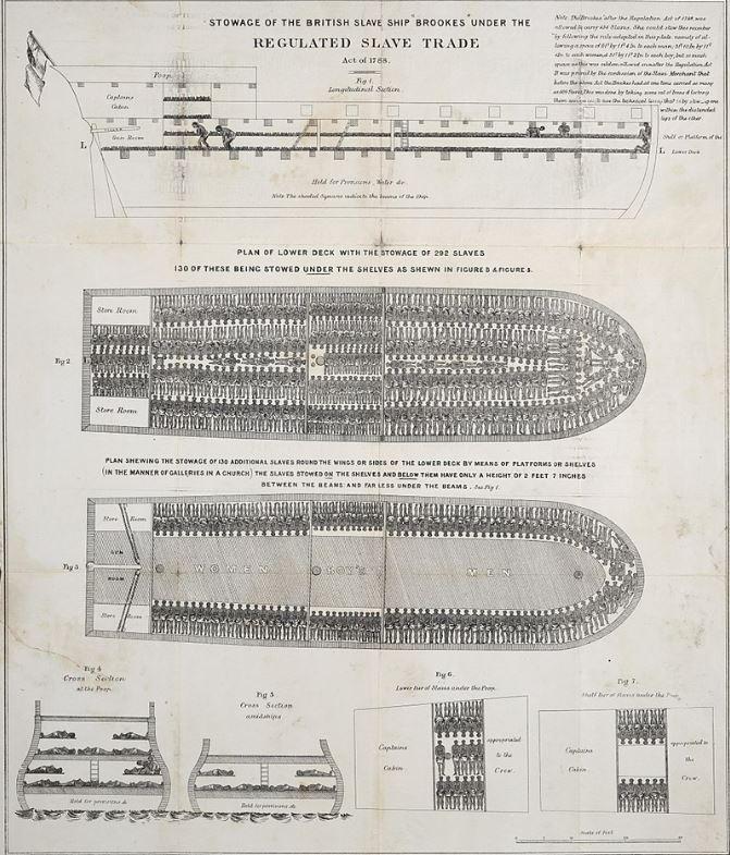 An image of a document entitled "Stowage of the British Slave Ship Brookes Under the Regulated Slave Trade". 
