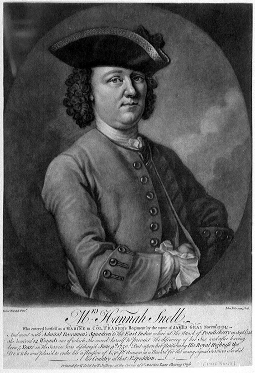 Old black and white print of Hannah Snell, who is dressed as a sailor