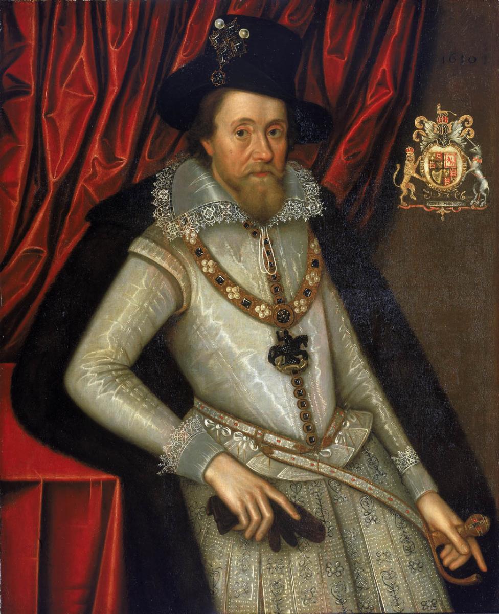 Painting of King James I wearing a white satin doublet and hose