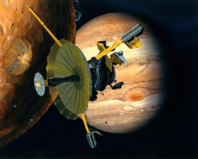 Artist's rendering of NASA's Galileo spacecraft flying past Jupiter's moon Io.