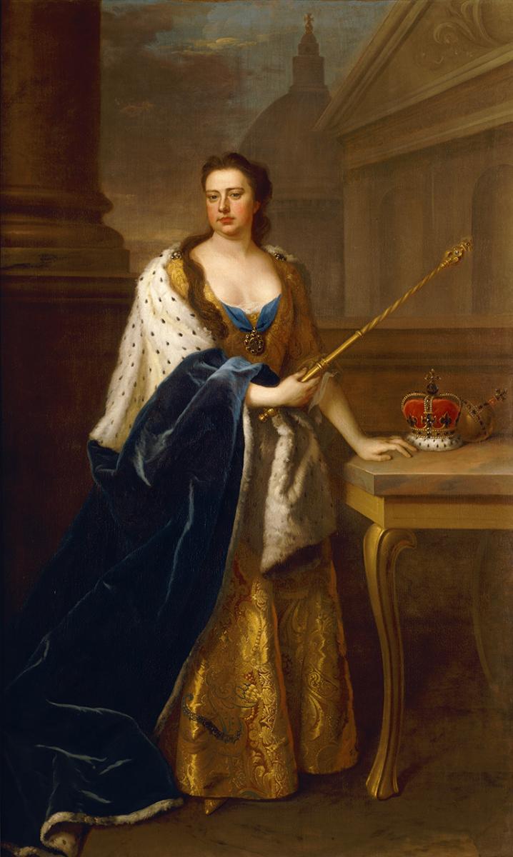 Portrait of Queen Anne wearing coronation robes and holding a sceptre