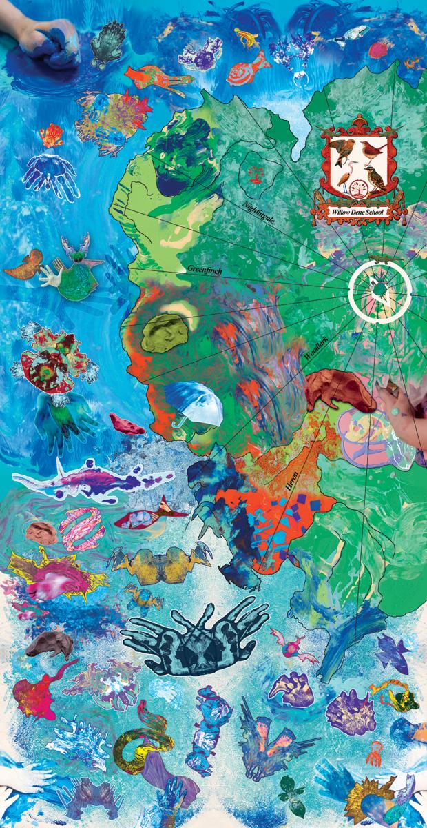 A long collage artwork inspired by maps and charts in the National Maritime Museum. Colourful cutout designs representing sea creatures sit on top of a bright blue ocean background, with a green landmass to the right of the artwork