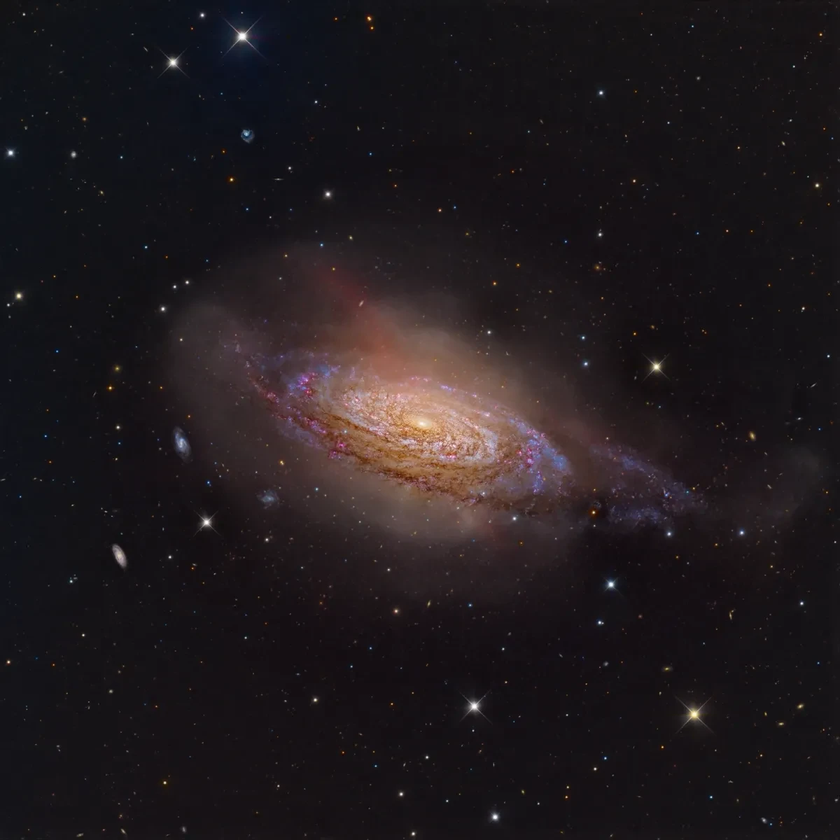 Image of a flat galaxy in purples and blues against a starry black sky