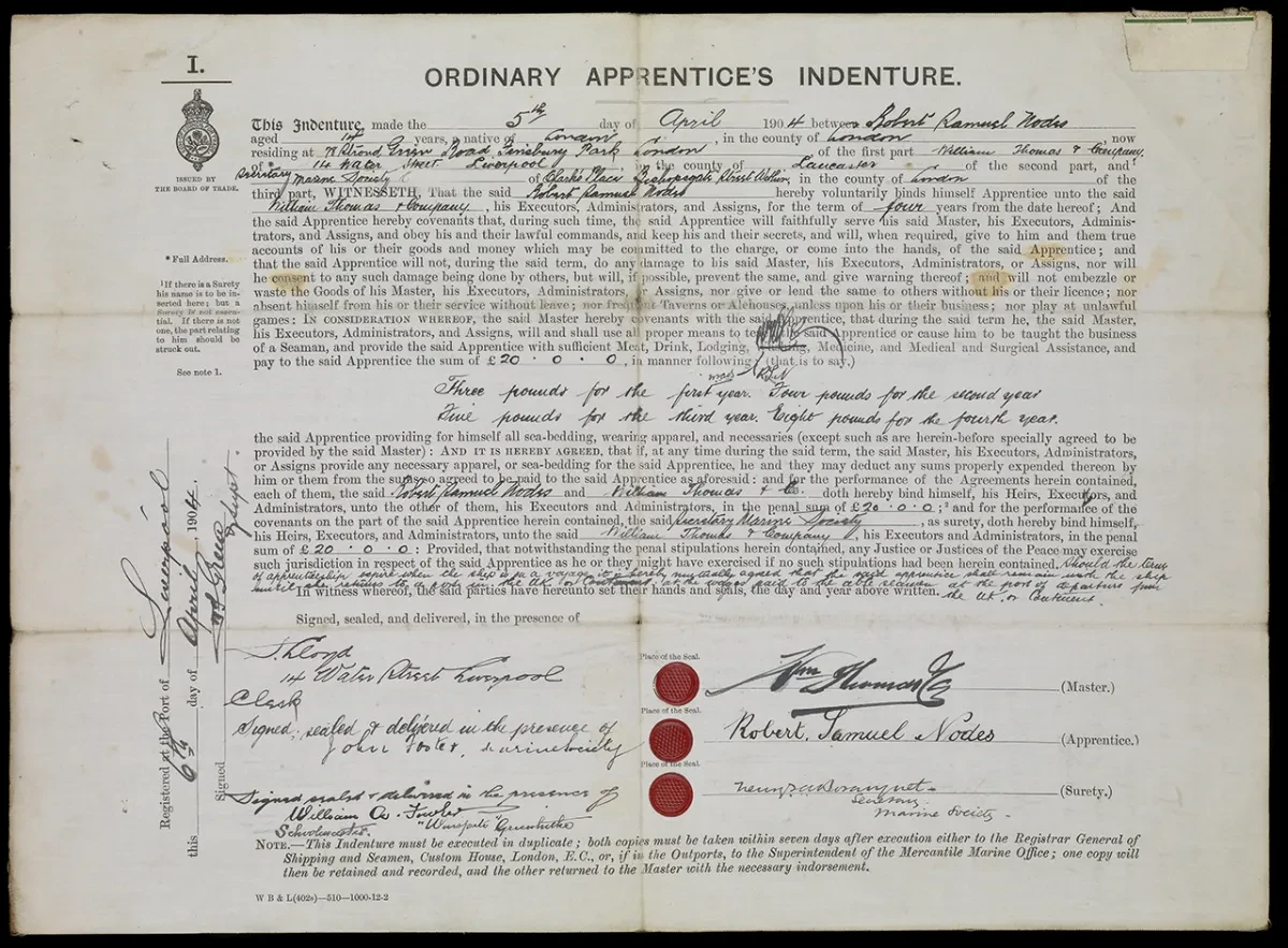 Old document showing apprenticeship indenture of Robert Samuel Nodes, 1904