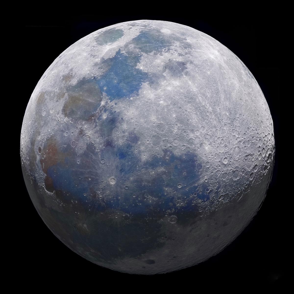 Astronomy photograph of the Moon, lit up silver with lots of craters visible and light blue mare 