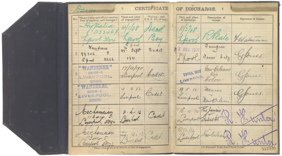 Pages from a discharge book recording voyages made by Edwin Lanceley Davies as a deck boy and cadet, 1908-1912