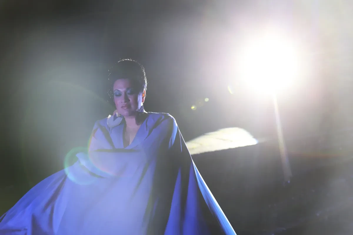 A portrait photograph of musician BISHI, wearing a dark purple dress and cloak. The photo is taken at night, with a bright white spotlight behind almost overwhelming the image