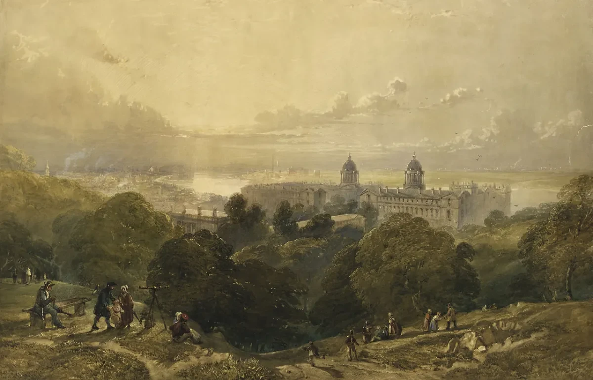 A dramatic painting showing an evening view in summer, looking across Greenwich Park to the River Thames and London in the distance
