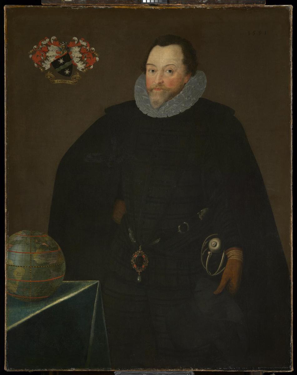Portrait of Sir Francis Drake including a globe, his coat of arms, the Drake Jewel and his sword