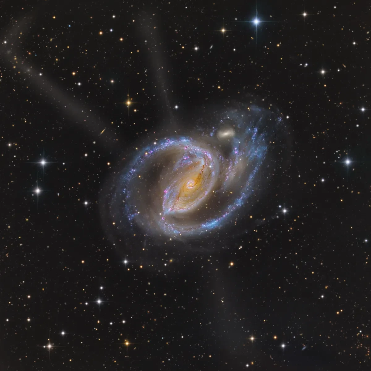Image of a spiral galaxy with blue spiral arms and a pink star forming regions