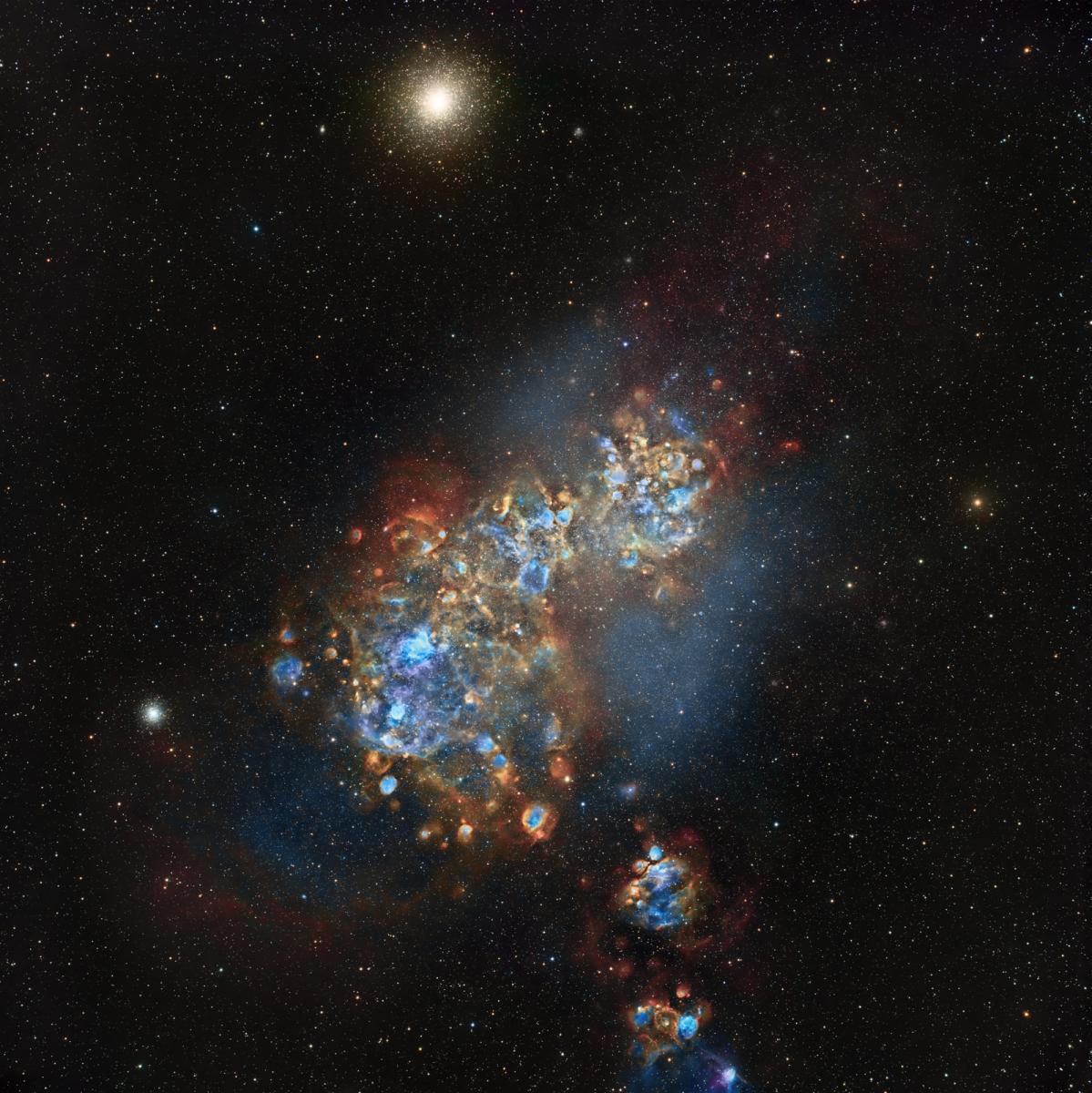 Blue, gold and orange galaxy in a cloud shape
