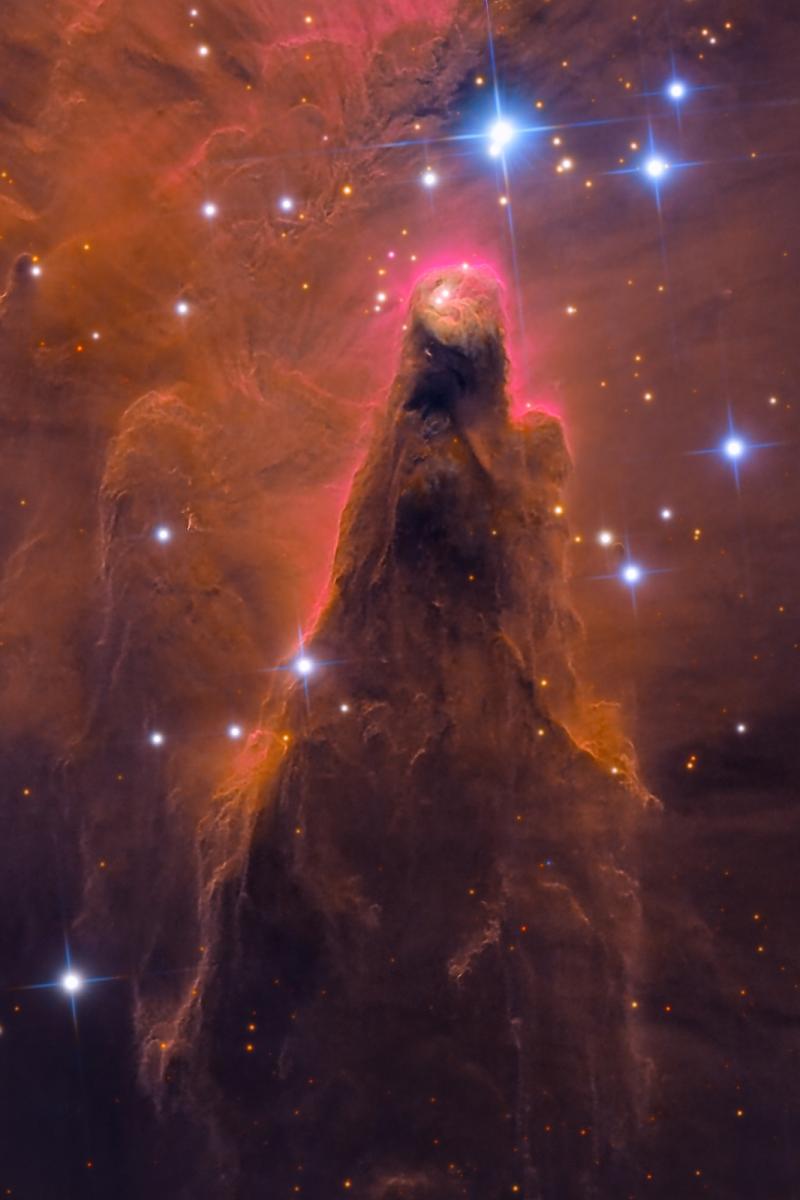 Image of the Cone Nebula made up of swirling brown clouds in the shape of a cone, which is glowing pink at the end. There are lots of bright blue stars across the image