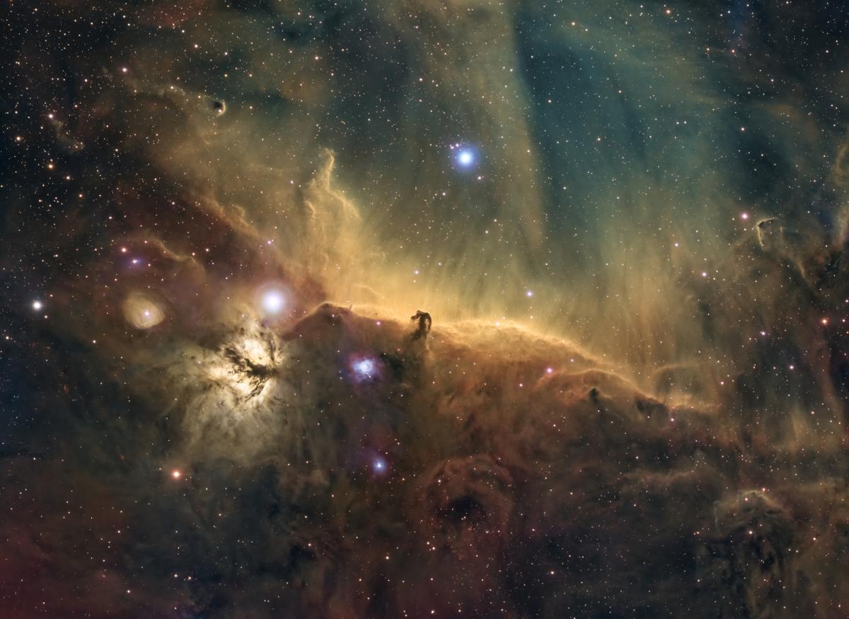 Image showing the Horsehead Nebula which is coloured in hues of gold and browns, with bright glowing blue stars on top, against a black sky which is coloured slightly teal by the gas and dust of the nebula