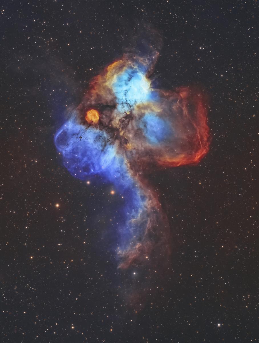 Image of a nebula in shades of blue, orange, yellow and red, forming the shape of what looks like a mandrill with an orange eye against a black starry sky