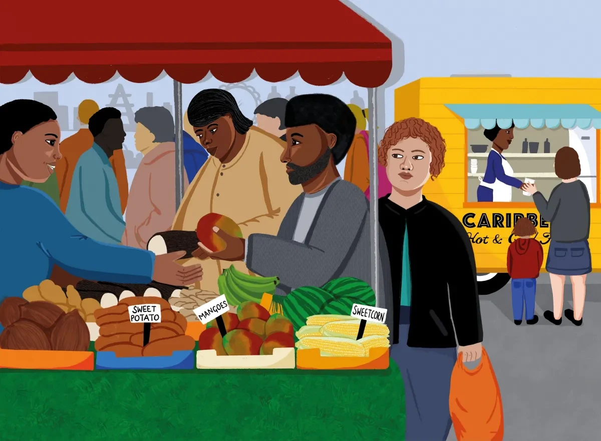 Digital artwork of a market scene selling Caribbean produce