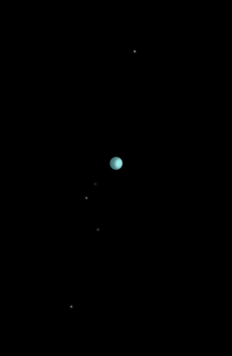 A telescope view of distant Uranus and its Moons, with the planet appearing as a tiny blue dot in the centre of a pitch black frame. Barely visible dots further out are the planet's moon's in orbit