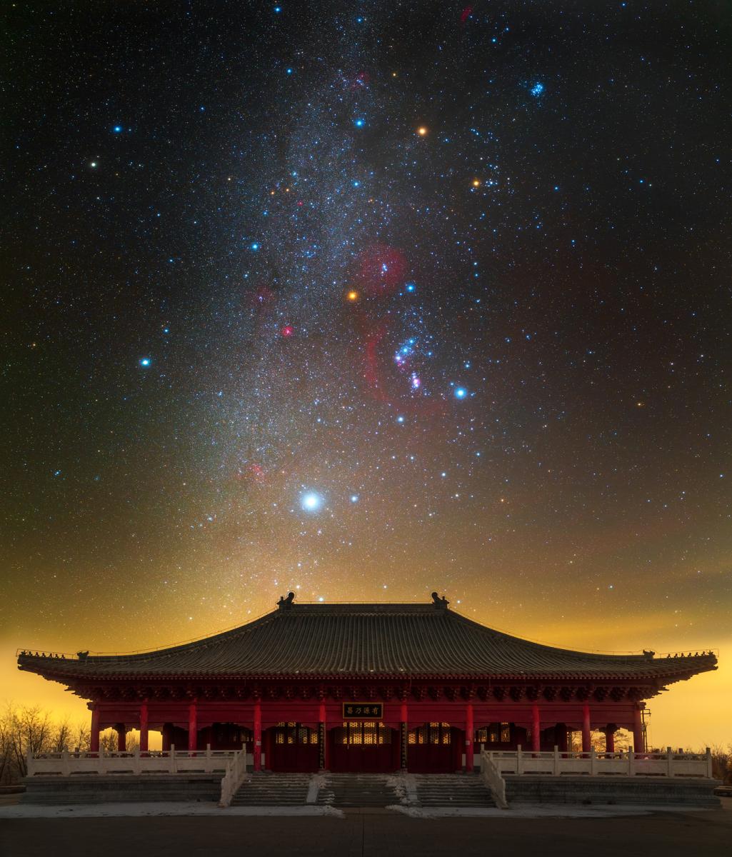 Star constellation over a temple