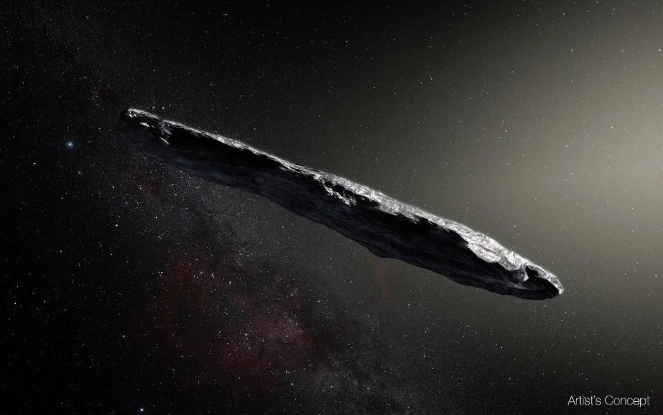 An artist's concept of an asteroid shaped like a cigar, a very long and thin rocky body