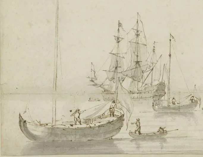 Two Dutch yachts - ink drawing