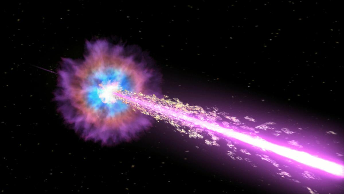 Artist's interpretation of a gamma ray burst. The black hole drives powerful jets of particles traveling near the speed of light. The jets pierce through the star, emitting X-rays and gamma rays as they stream into space.